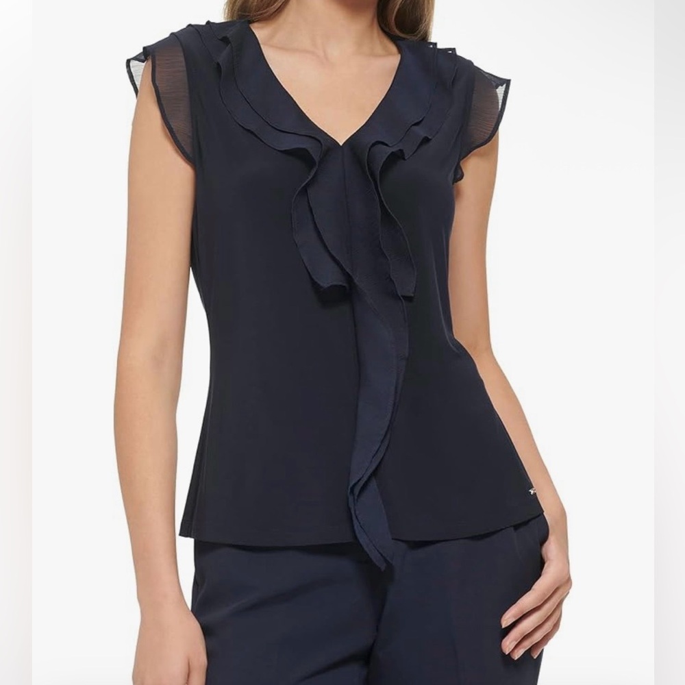 Tommy Hilfiger Cascade‎ Ruffle Sleeveless Blouse Navy Sz S